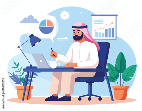 Arab Businessman Working on Laptop with Financial Charts in Modern Office Illustration.