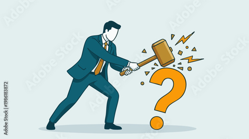 Businessman smashing question mark with hammer, problem-solving concept