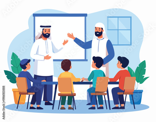 Arab Teachers Instructing Young Students in a Modern Classroom Illustration.