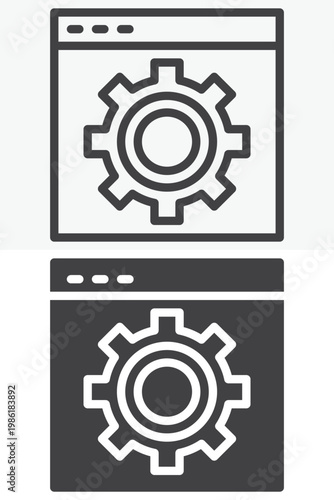 Website settings icon set with browser and gear symbols. Line, outline and solid icon styles. Editable stroke vector sign, symbol. Website settings icon for control twice.