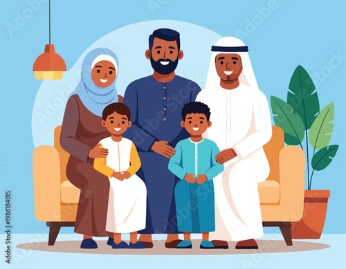 Happy Muslim Family Posing Together in Traditional Attire.