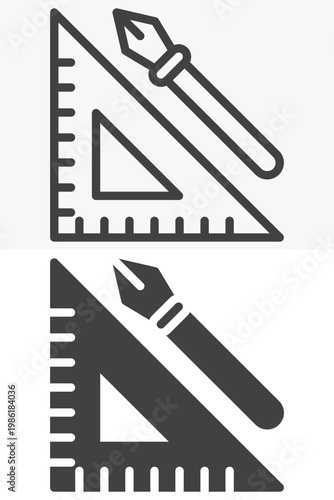 Ruler and fountain pen icon set for drafting tools. Line, outline and solid icon styles. Editable stroke vector sign, symbol. Ruler pen icon for design work twice.