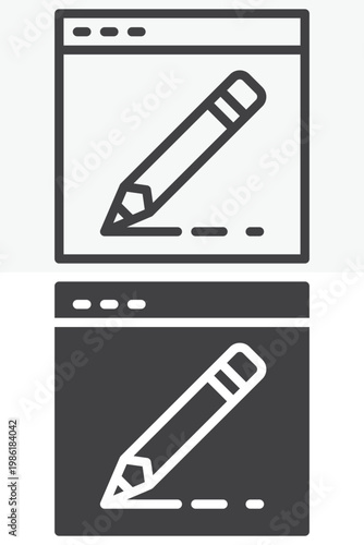 Web design icon set with browser window and pencil. Line, outline and solid icon styles. Editable stroke vector sign, symbol. Web design icon for creation twice.