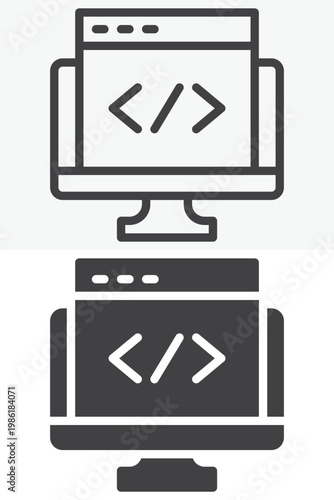 Computer display with SEO icon set and code panel. Line, outline and solid icon styles. Editable stroke vector sign, symbol. SEO display icon for optimization twice.