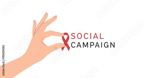 A pale human hand delicately holds a small red awareness ribbon between the thumb and forefinger next to bold social campaign text on a white surface.