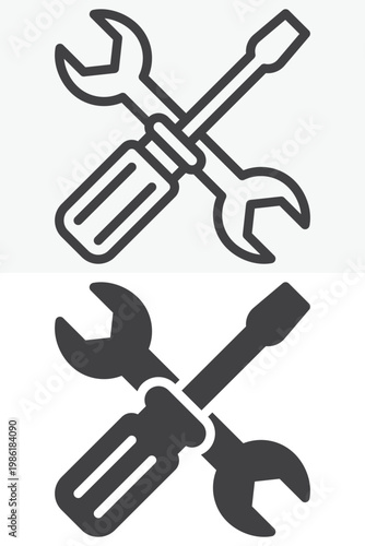 Wrench and screwdriver tools icon set for repair work. Line, outline and solid icon styles. Editable stroke vector sign, symbol. Wrench screwdriver icon for tools twice.
