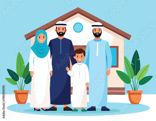 Happy Muslim Family Posing in Front of Their Home.