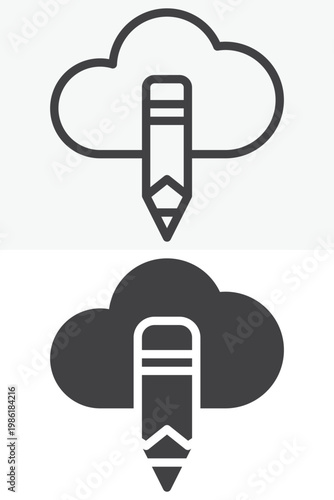 Cloud computing and pen tool icon set for design workflow. Line, outline and solid icon styles. Editable stroke vector sign, symbol. Cloud pen icon for technology twice.