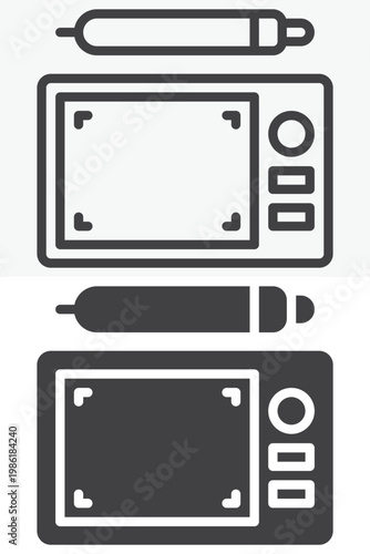 Graphic tablet and pen icon set for digital drawing. Line, outline and solid icon styles. Editable stroke vector sign, symbol. Tablet pen icon for art twice.