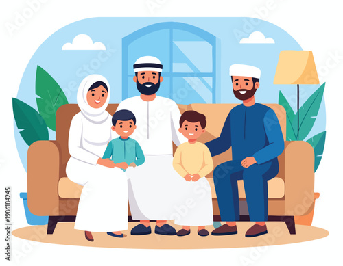 Happy Muslim Family Posing Together on Sofa.