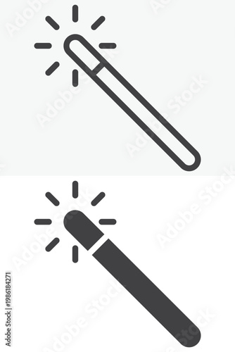 Magic wand icon set with sparkle effect for editing. Line, outline and solid icon styles. Editable stroke vector sign, symbol. Magic wand icon for tools twice.