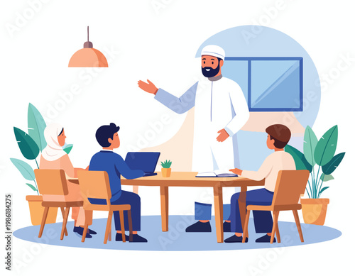 Arabic teacher leading a group discussion in a modern office or classroom setting vector illustration.