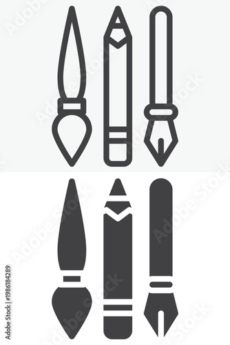 Design tools icon set with pencils and brushes collection. Line, outline and solid icon styles. Editable stroke vector sign, symbol. Design tools icon for art twice.