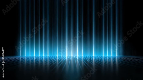 Abstract futuristic blue neon light lines background animation featuring glowing vertical beams and reflective dark floor surface creating rhythmic motion for digital technology and science.