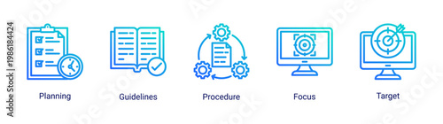 Planning basics icon set with workflow,guidelines,and goal-oriented concepts.Ideal for strategy,management,and business planning visuals.