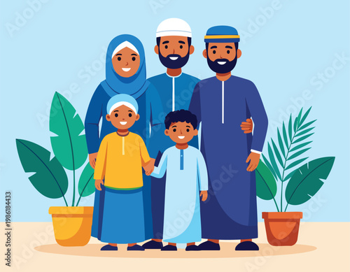 Happy Muslim Family Posing Together Outdoors.