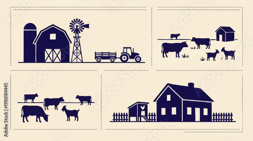 Farm animals and buildings silhouette illustrations set