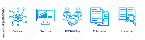 Business insight icon set featuring data analysis,communication,and reporting elements.Perfect for corporate and analytical design projects.