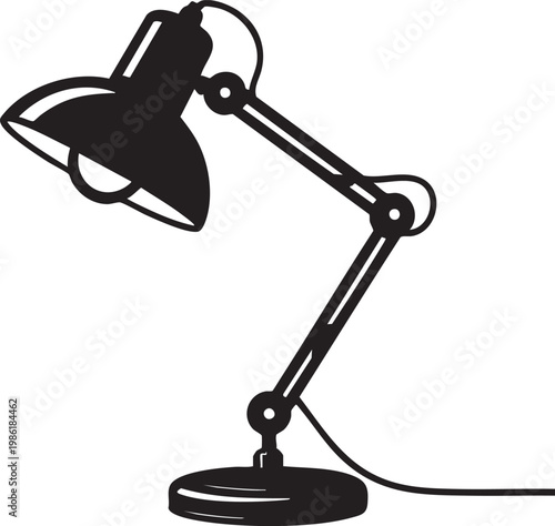A black and white illustration of a desk lamp with adjustable arm and shade on a plain background