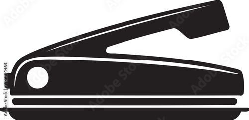 A black and white illustration of a staple remover on a plain background for office supplies