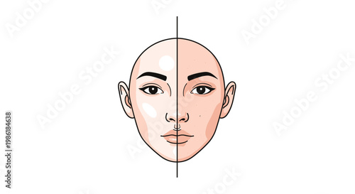 A detailed split-view illustration of a woman's face displays perfectly clear skin on the left side contrasted with red acne blemishes on the right side.
