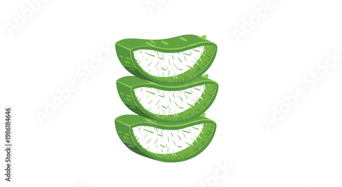 Three freshly cut thick slices of green aloe vera are stacked neatly in a vertical column against a minimalist and bright white studio background.