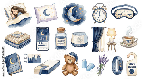 Sleep and bedtime comfort objects set with pillow, moon, alarm clock, tea, medicine and cozy accessories in soft hand drawn style isolated on white background