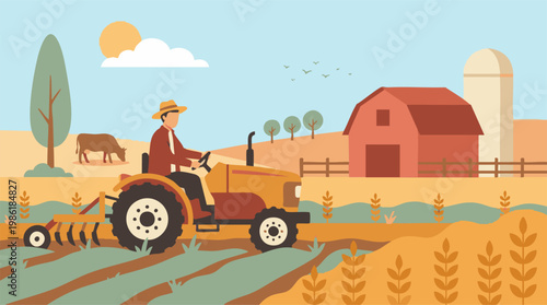 Farmer driving a tractor, cultivating land on a rural farm with barn and silo