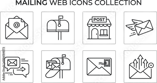 A collection of mailing web icons in a simple line style
