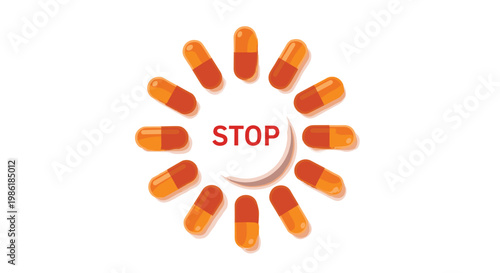 A pristine white circular medicinal tablet with bold red stop lettering sits perfectly centered among twelve vibrant orange and yellow gradient capsules in soft light.