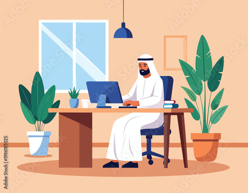 Arab man working on laptop at desk in office with plants.