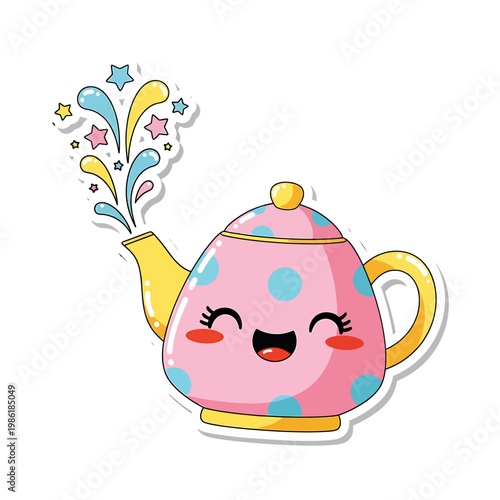 A cute yellow chick emerges from a broken white eggshell on a pink background with sparkles.