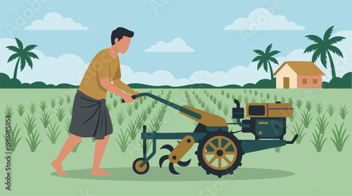 Farmer cultivating rice paddy field with a power tiller in rural landscape