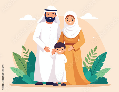 Happy Arab Family Standing Together Outdoors.