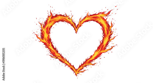 A detailed heart shape composed of realistic flickering orange and red flames burns brightly against a stark white minimalist studio background setting with warm glow.