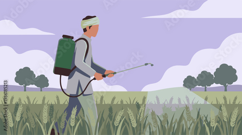 Farmer spraying crops in a field, agricultural work, rural scene