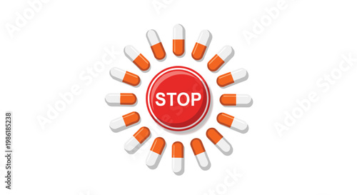 A prominent red stop button is encircled by a radial pattern of orange and white pharmaceutical capsules against a clean and minimalist white background.
