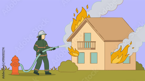 Firefighter putting out a house fire with hose and hydrant