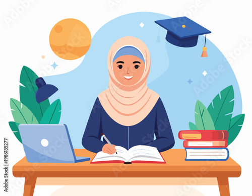 Muslim Student Studying Online with Laptop and Books.