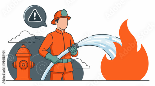 Firefighter extinguishing a fire with a hose and hydrant, emergency service concept