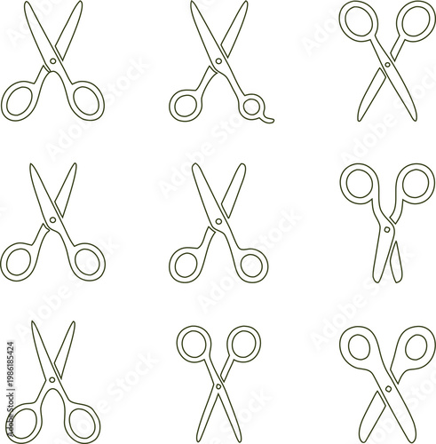 Clean line art scissor vector set with modern outline style, ideal for salon branding, tailoring, crafting, UI icons, web design, and creative professional projects.