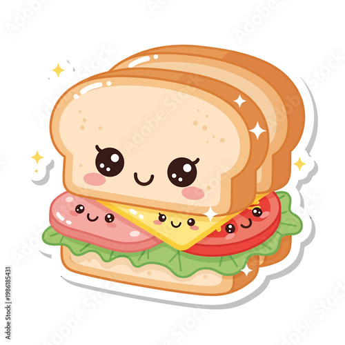 A cute cartoon sandwich with smiling ham and cheese slices sits on a plate indoors.