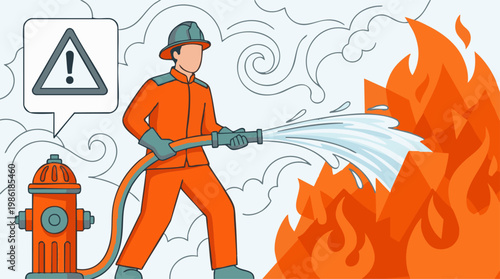 Firefighter extinguishing blaze with hose, fire hydrant and warning sign