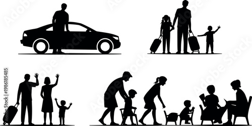 Family silhouettes with travel luggage, car scene, waving goodbye, caregiving interaction, parenting communication, togetherness lifestyle, domestic relationship concept illustration