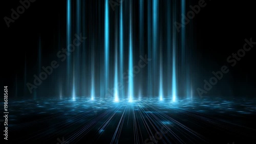 Abstract futuristic cyber technology background featuring vertical glowing blue light beams rising from digital electronic floor with motion trails in dark cinematic virtual space environment.
