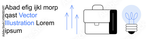 Business strategy, creative development, innovation, progress, entrepreneurship, professional tools. Minimalist briefcase and light bulb icon with arrows indicating growth. Business strategy