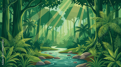 Sunlight shines through trees in a green forest with a stream running through the landscape in the daytime