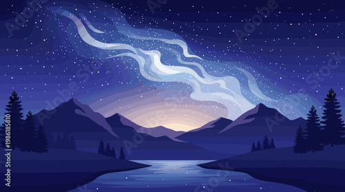 Night sky over mountains and river offers view of stars and clouds at dusk near a calm water source