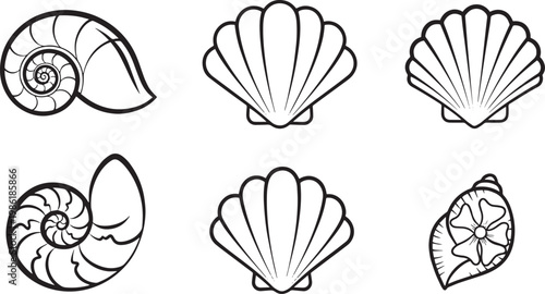Tropical Sea Shell and Scallop Line Icon Set – Elegant Nautical Outlines for Beach, Spa, and Summer Branding Designs
