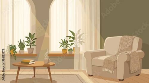Cozy living room with plants, warm light, and a comfortable chair in the afternoon